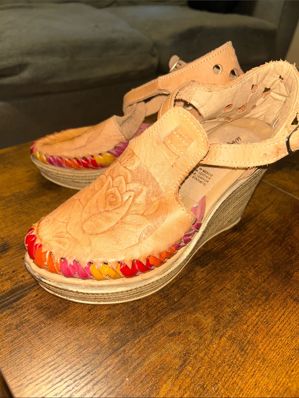 Peach Leather Wedge Sandals with Floral Embossing and Braided Trim